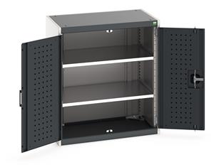 Heavy Duty Bott cubio cupboard with perfo panel lined hinged doors. 800mm wide x 525mm deep x 900mm high with 2 x100kg capacity shelves.... Bott Tool Storage Cupboards for workshops with Shelves and or Perfo Doors